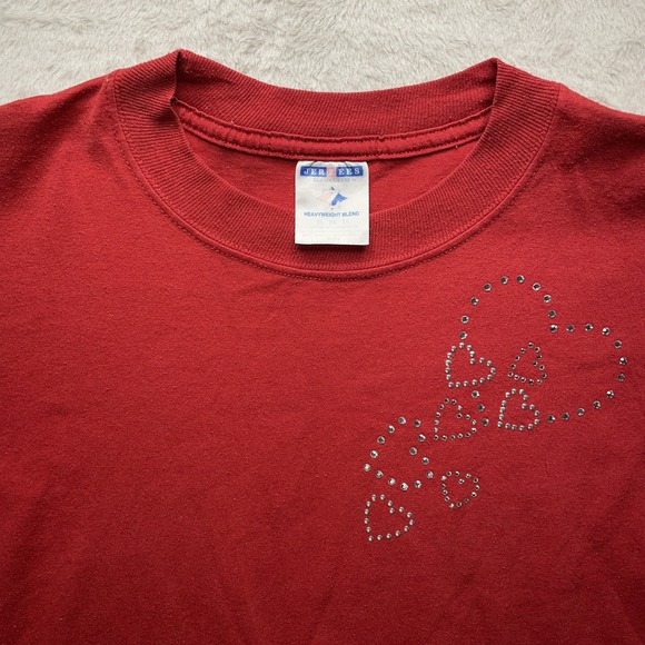 Vintage Jerzees Y2K Red Crystal Rhinestone Hearts Graphic T-Shirt XL Streetwear - Picture 2 of 12